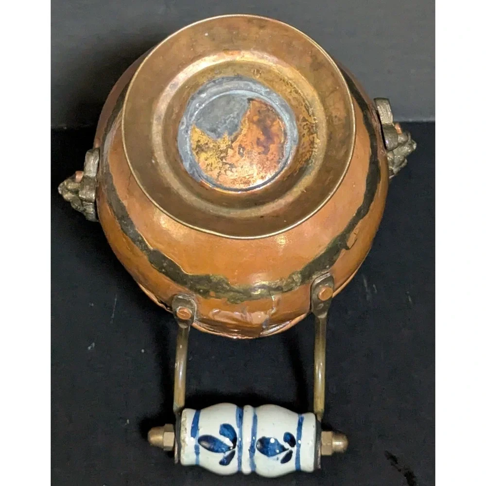 Vintage MCM Copper & Brass Coal Scuttle Lion Mounts Delft-Style Ceramic Handle